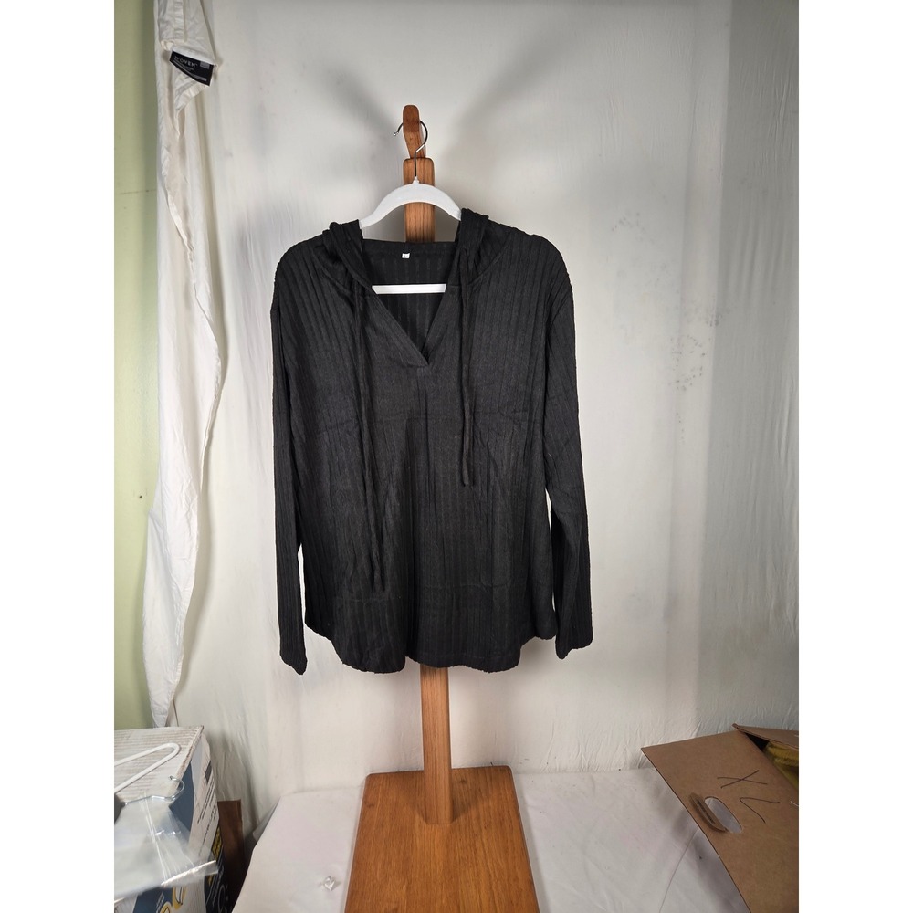 Unbranded Black Ribbed Knit Hooded V-Neck Drawstring Top Large L
